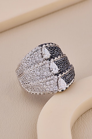 18kt White Gold Finish Diamond & Black Gemstone Ring by Shine Eternal