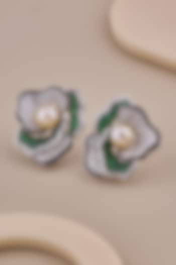 18kt White Gold Finish Diamond & Smoky Topaz Stone Floral Stud Earrings by Shine Eternal at Pernia's Pop Up Shop