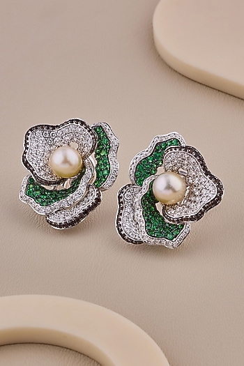 18kt White Gold Finish Diamond & Smoky Topaz Stone Floral Stud Earrings by Shine Eternal at Pernia's Pop Up Shop