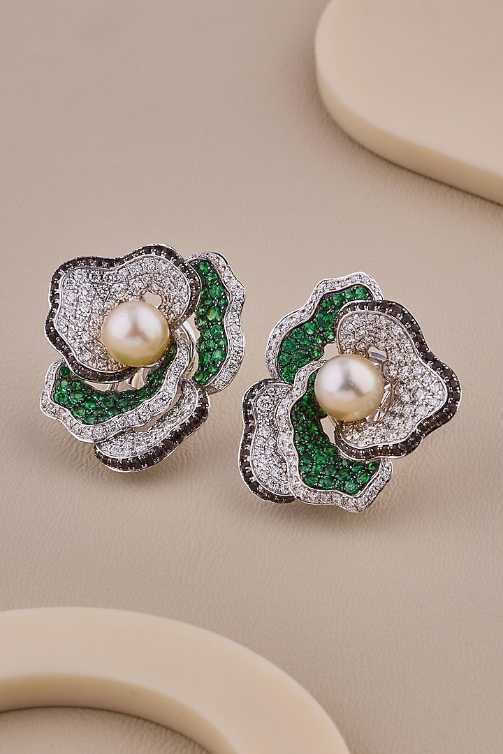 18kt White Gold Finish Diamond & Smoky Topaz Stone Floral Stud Earrings by Shine Eternal at Pernia's Pop Up Shop