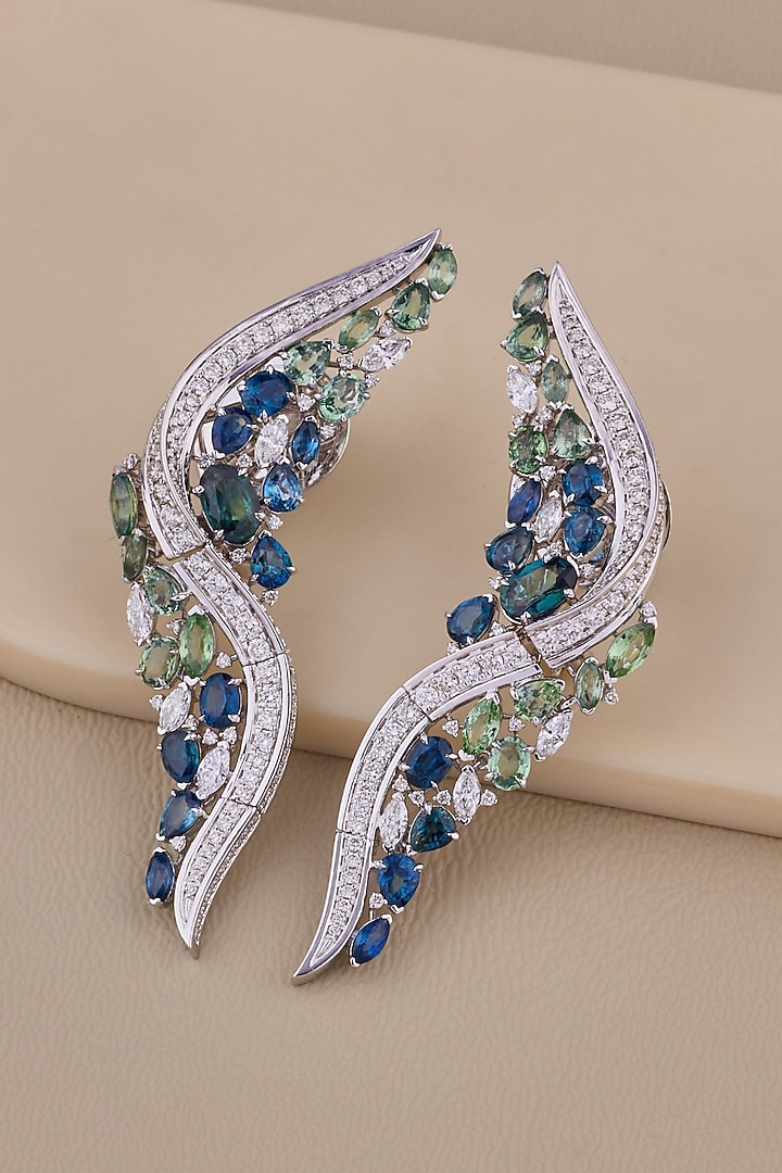 18kt White Gold Finish Diamond & Sapphire Dangler Earrings by Shine Eternal at Pernia's Pop Up Shop