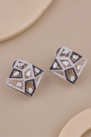 18kt White Gold Finish Diamond & Black Gemstone Stud Earrings by Shine Eternal