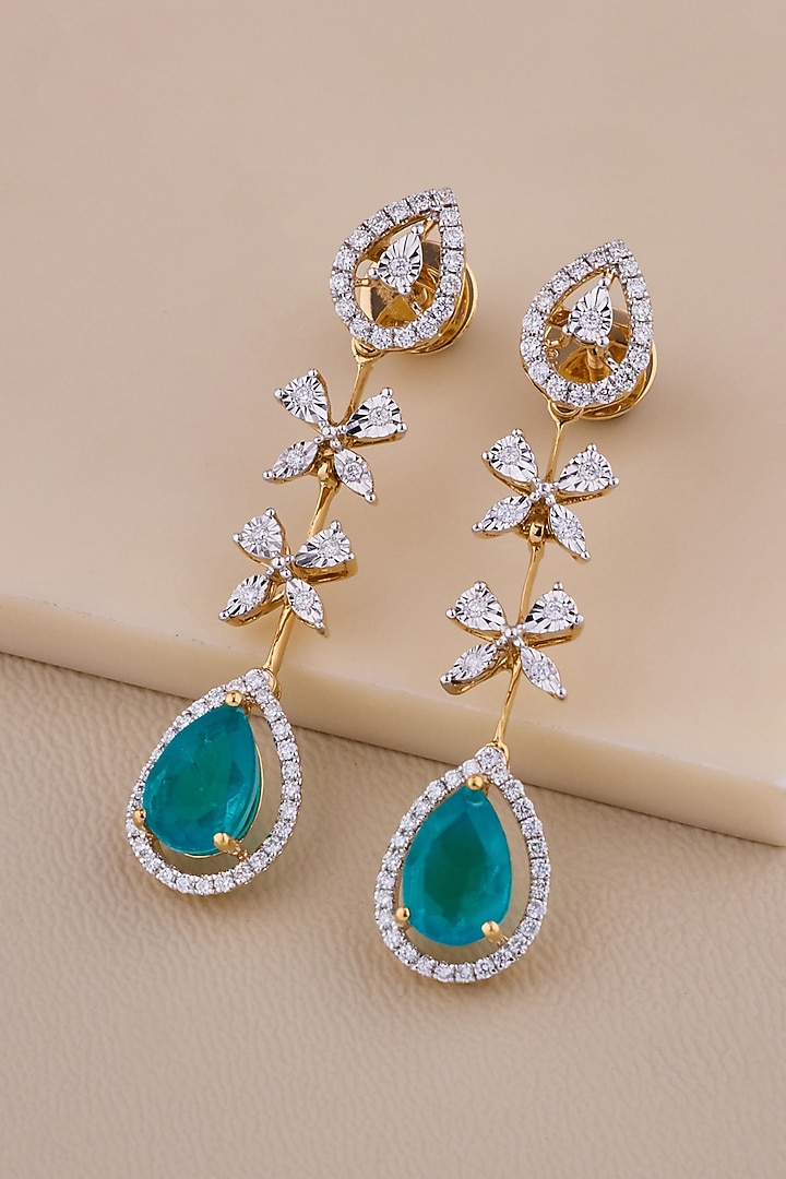 18kt Yellow Gold Finish Diamond & Green Gemstone Floral Dangler Earrings by Shine Eternal at Pernia's Pop Up Shop