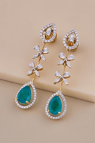 18kt Yellow Gold Finish Diamond & Green Gemstone Floral Dangler Earrings by Shine Eternal
