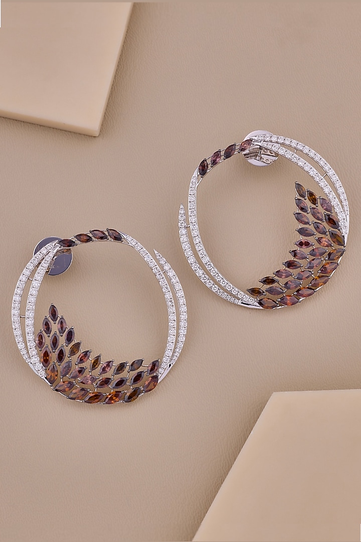 18kt White Gold Finish Diamond & Smoky Brown Stone Hoop Earrings by Shine Eternal at Pernia's Pop Up Shop