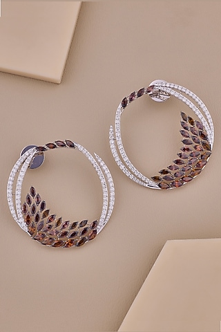 18kt White Gold Finish Diamond & Smoky Brown Stone Hoop Earrings by Shine Eternal