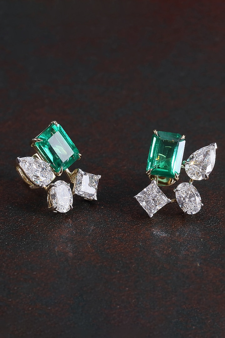 14kt Yellow Gold Finish 3.68 Carat Diamond & 3.68 Carat Emerald Green Stone Stud Earrings by Shine Eternal at Pernia's Pop Up Shop