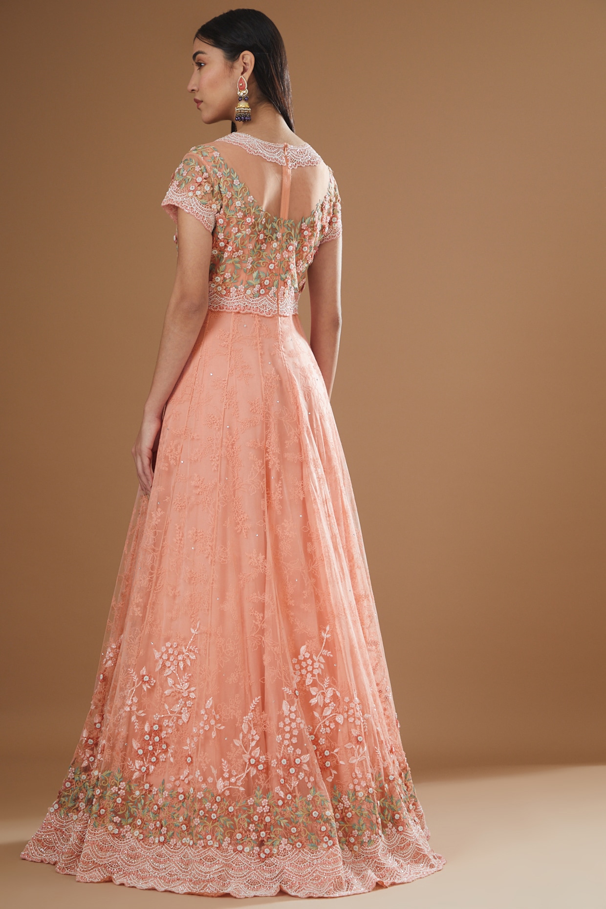 Buy Peach Pink Stonework Net Designer Gown - Koskii