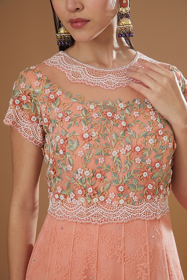 Peach Organza Embroidered Bridal Gown With Dupatta by Shantanu Goenka at Pernia's Pop Up Shop