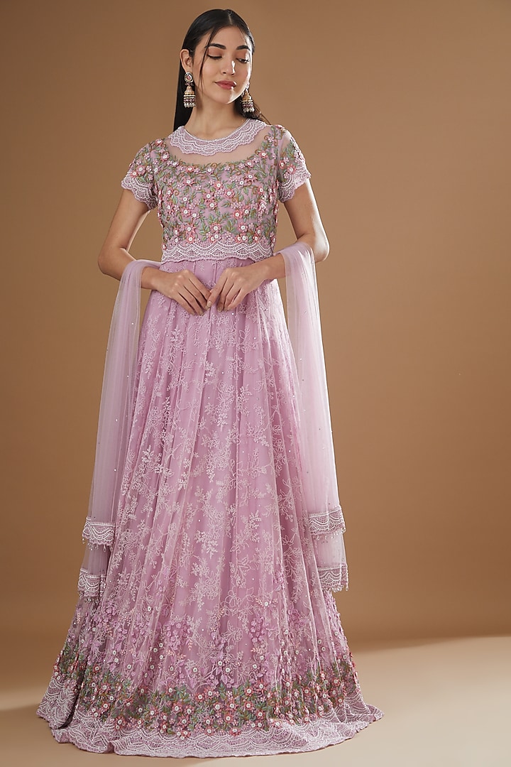 Lilac Organza Embroidered Gown With Dupatta by Shantanu Goenka