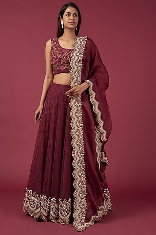 Wine Tulle & Net Embroidered Lehenga Set by Shantanu Goenka