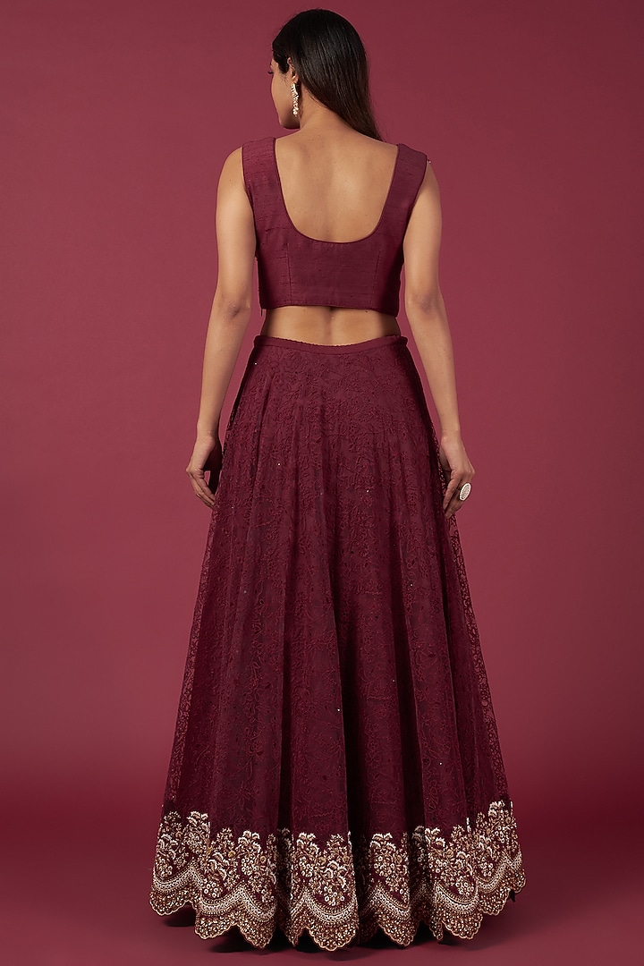 Wine Tulle & Net Embroidered Bridal Lehenga Set by Shantanu Goenka at Pernia's Pop Up Shop