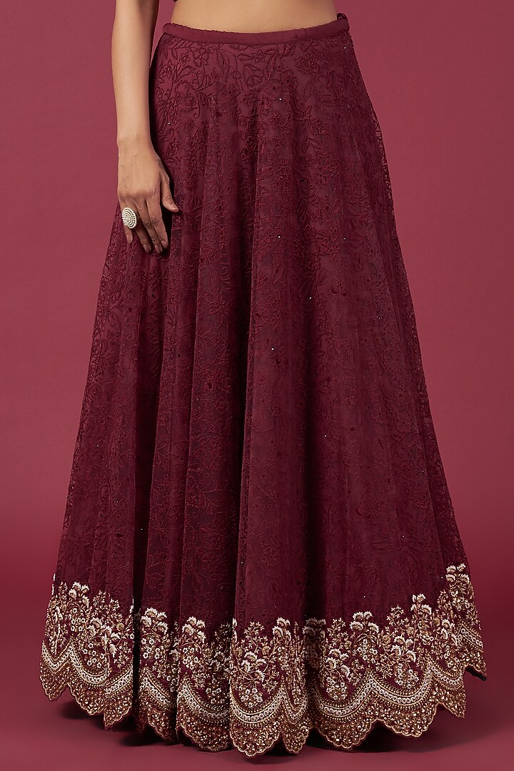 Wine Tulle & Net Embroidered Bridal Lehenga Set by Shantanu Goenka at Pernia's Pop Up Shop