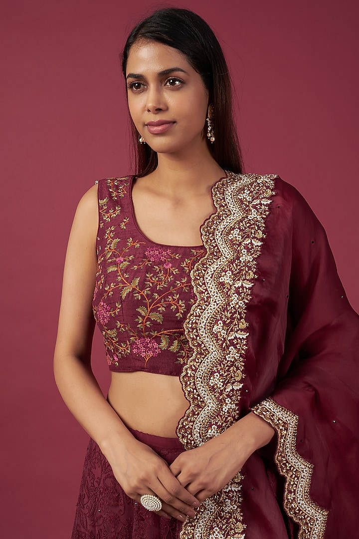 Wine Tulle & Net Embroidered Bridal Lehenga Set by Shantanu Goenka at Pernia's Pop Up Shop
