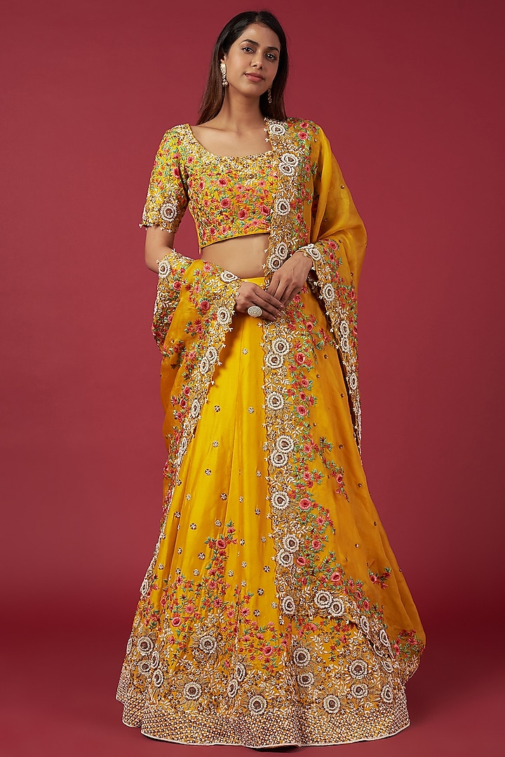 Yellow Silk Embroidered Lehenga Set by Shantanu Goenka