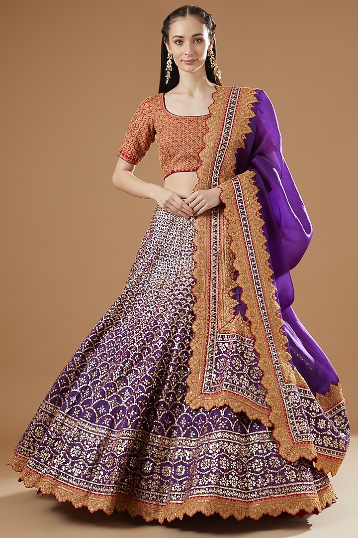 Purple Raw Silk Embroidered Bridal Lehenga Set by Shantanu Goenka at Pernia's Pop Up Shop