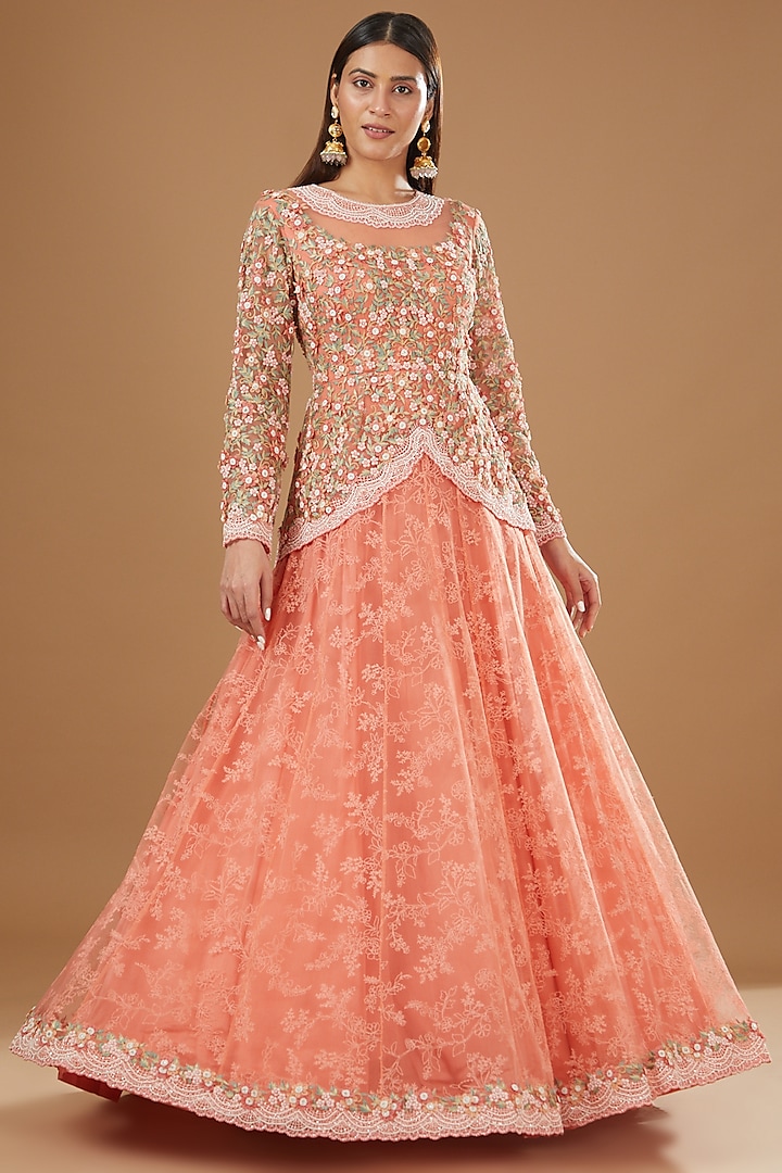 Peach Tulle Embroidered Gown by Shantanu Goenka