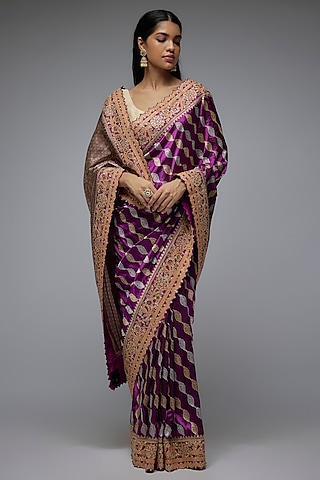 Purple Silk Mirror Embroidered Banarasi Saree Set by Shantanu Goenka