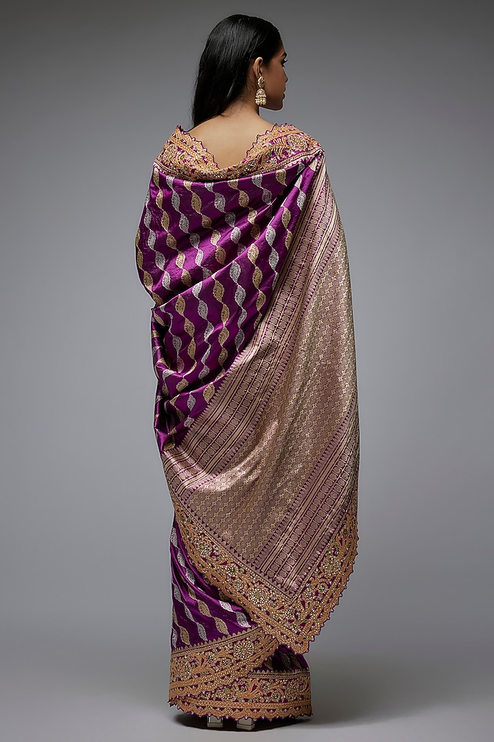 Purple Silk Mirror Embroidered Banarasi Bridal Saree Set by Shantanu Goenka at Pernia's Pop Up Shop