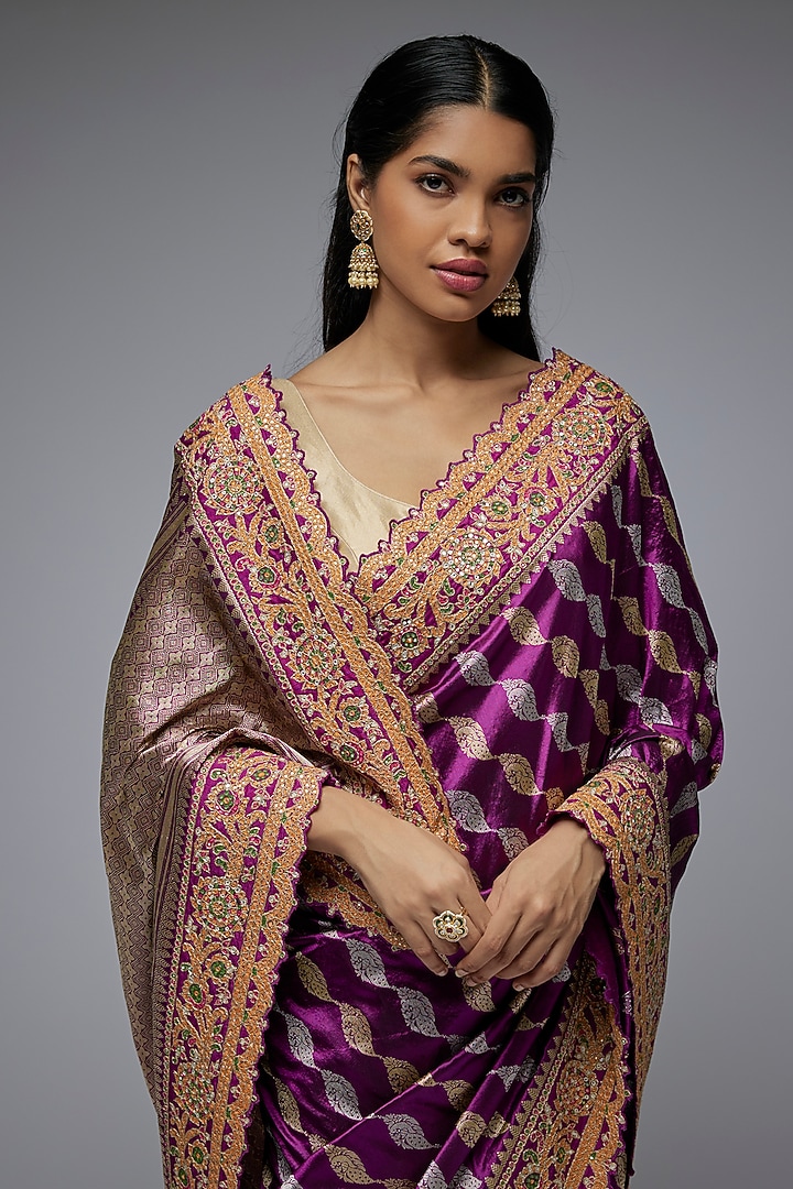 Purple Silk Mirror Embroidered Banarasi Bridal Saree Set by Shantanu Goenka at Pernia's Pop Up Shop
