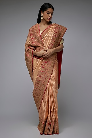 Peach Silk Tilla Embroidered Kanjivaram Saree Set by Shantanu Goenka