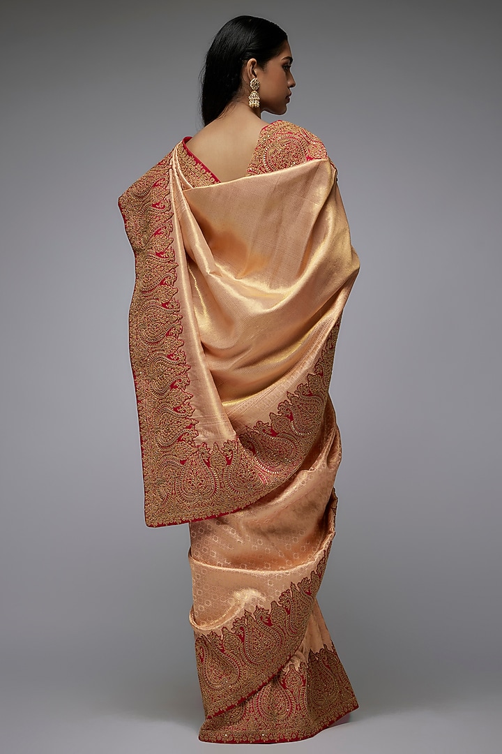Peach Silk Tilla Embroidered Kanjivaram Bridal Saree Set by Shantanu Goenka at Pernia's Pop Up Shop