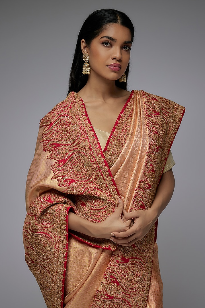 Peach Silk Tilla Embroidered Kanjivaram Bridal Saree Set by Shantanu Goenka at Pernia's Pop Up Shop