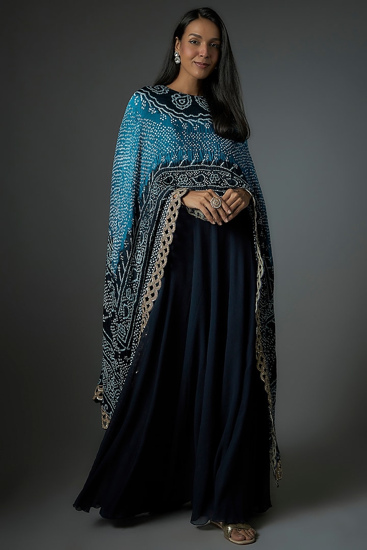 Midnight Blue Pure Chiffon Aari Embroidered Cape Dress by Shantanu Goenka