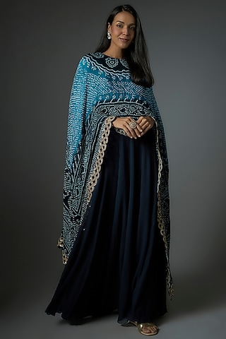 Midnight Blue Pure Chiffon Aari Embroidered Cape Dress by Shantanu Goenka