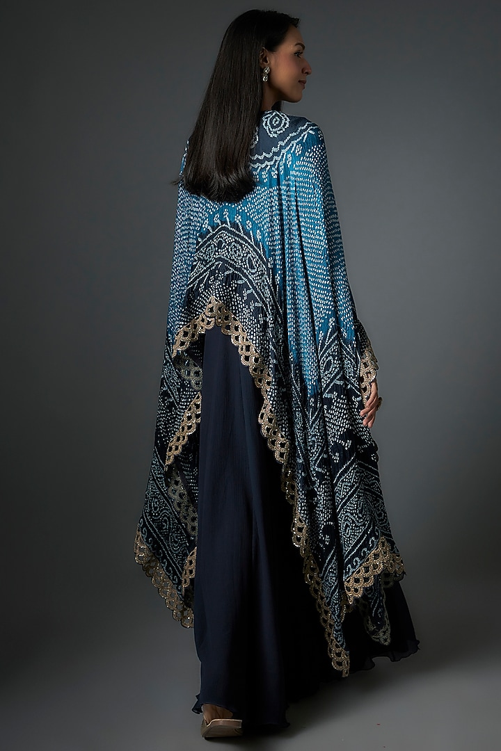 Midnight Blue Pure Chiffon Aari Embroidered Cape Party Wear Dress by Shantanu Goenka at Pernia's Pop Up Shop