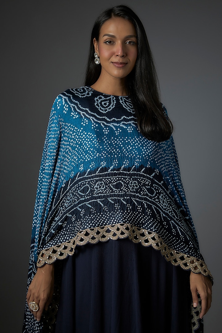 Midnight Blue Pure Chiffon Aari Embroidered Cape Party Wear Dress by Shantanu Goenka at Pernia's Pop Up Shop