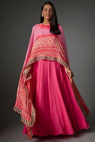 Fuchsia Pure Chiffon Aari Embroidered Cape Dress by Shantanu Goenka