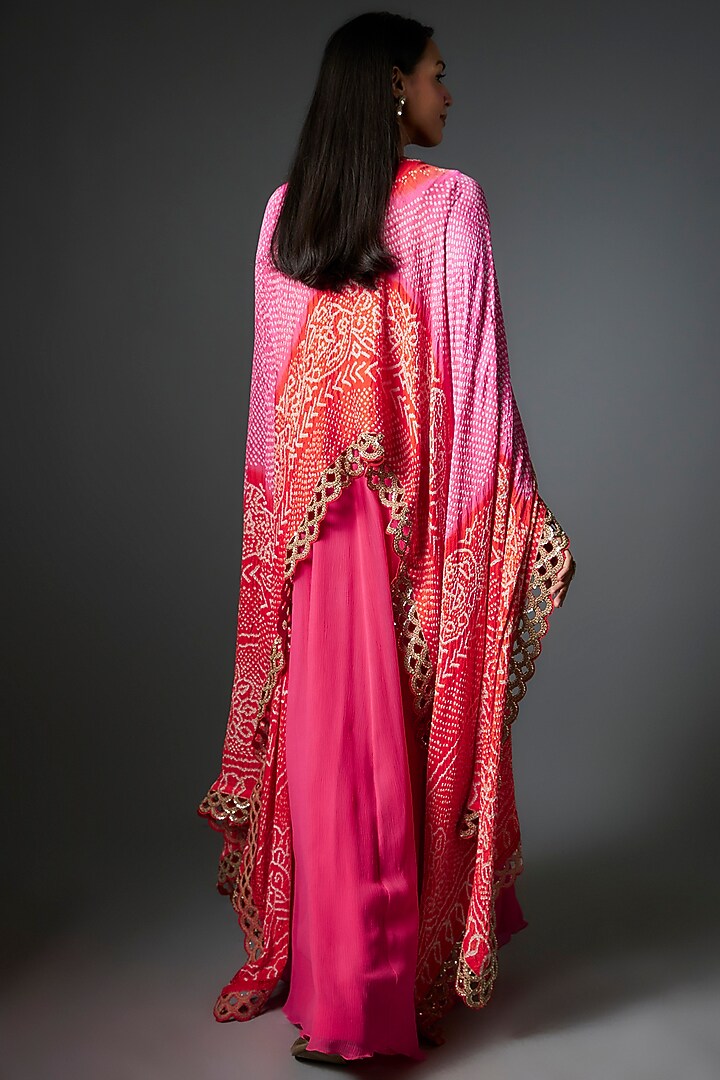 Fuchsia Pure Chiffon Aari Embroidered Cape Party Wear Dress by Shantanu Goenka at Pernia's Pop Up Shop