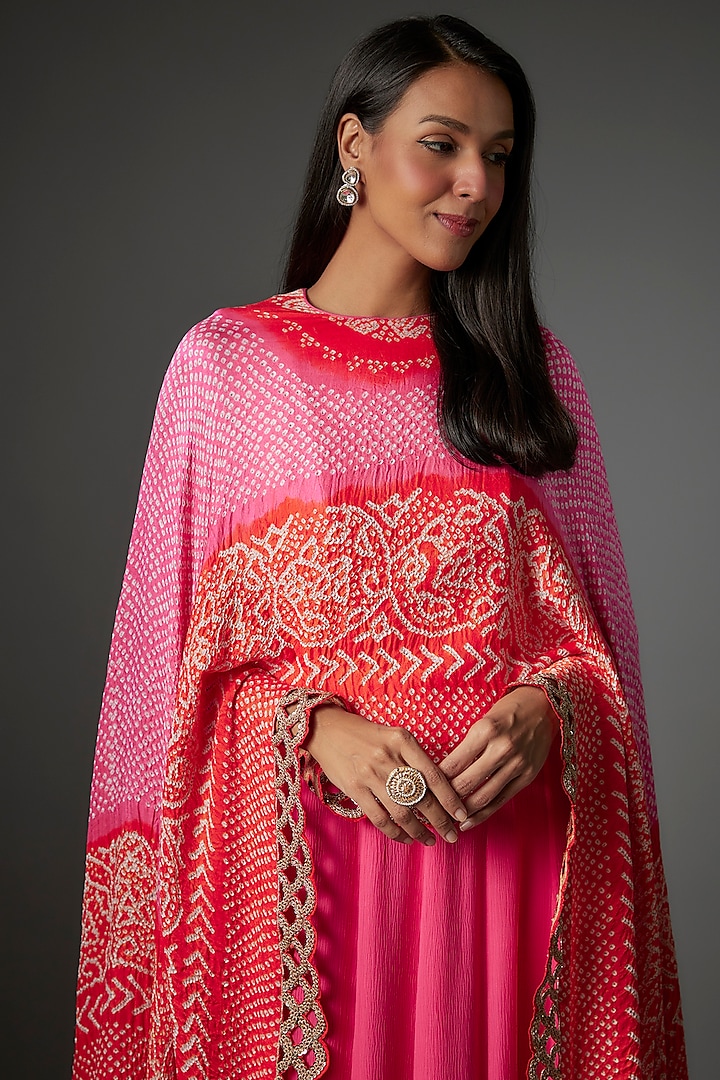 Fuchsia Pure Chiffon Aari Embroidered Cape Party Wear Dress by Shantanu Goenka at Pernia's Pop Up Shop