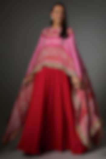 Red Pure Chiffon Aari Embroidered Cape Dress by Shantanu Goenka