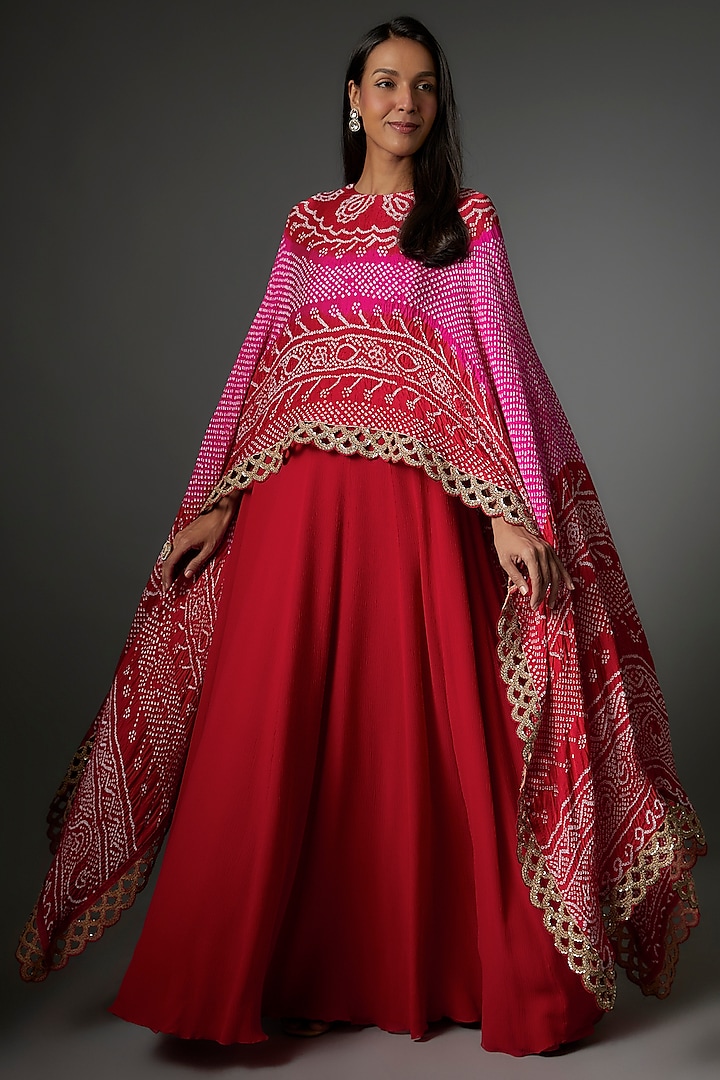 Red Pure Chiffon Aari Embroidered Cape Dress by Shantanu Goenka