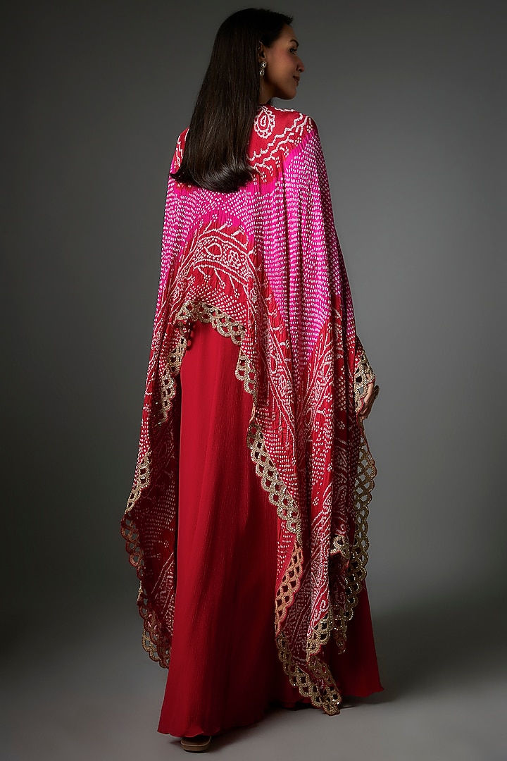 Red Pure Chiffon Aari Embroidered Cape Party Wear Dress by Shantanu Goenka at Pernia's Pop Up Shop