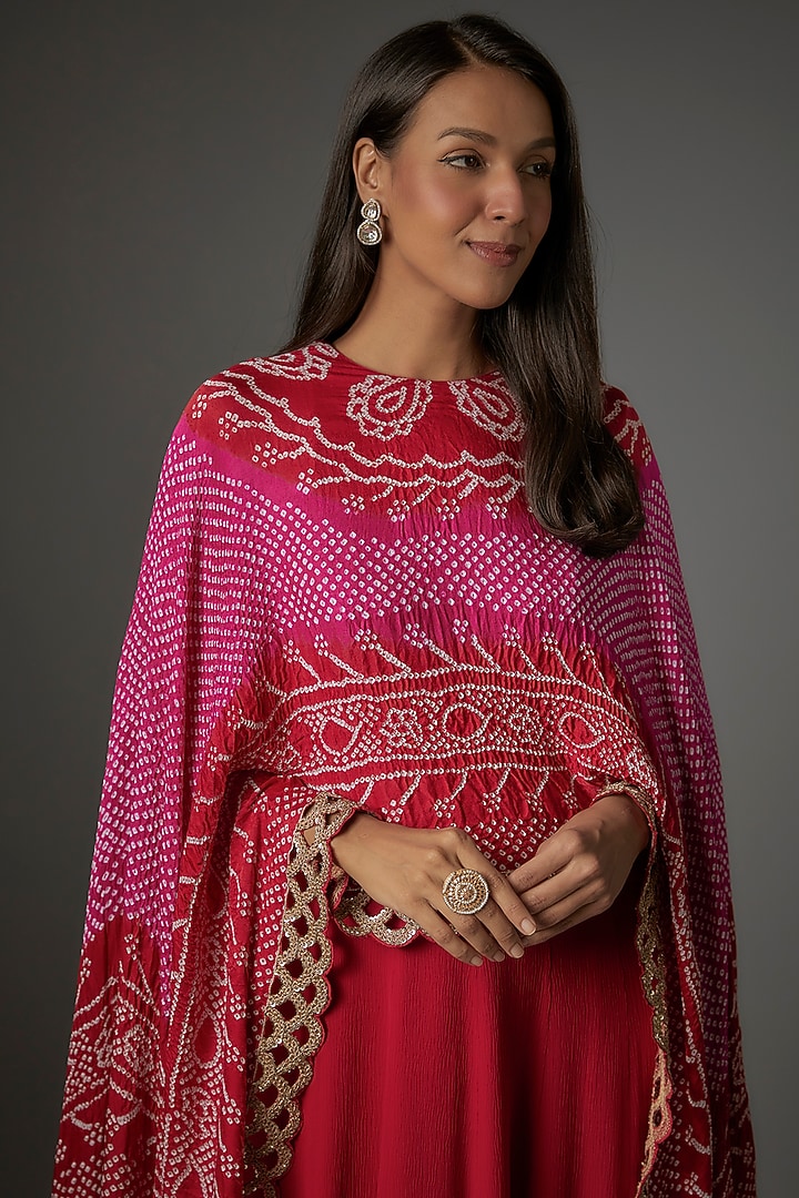 Red Pure Chiffon Aari Embroidered Cape Party Wear Dress by Shantanu Goenka at Pernia's Pop Up Shop