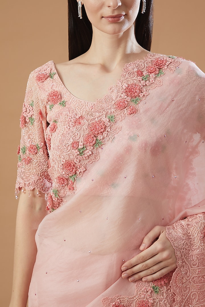 Blush Pink Embroidered Saree Set Design by Shantanu Goenka at