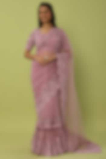 Lilac Tulle Hand Embroidered Layered Saree Set by Shantanu Goenka at Pernia's Pop Up Shop