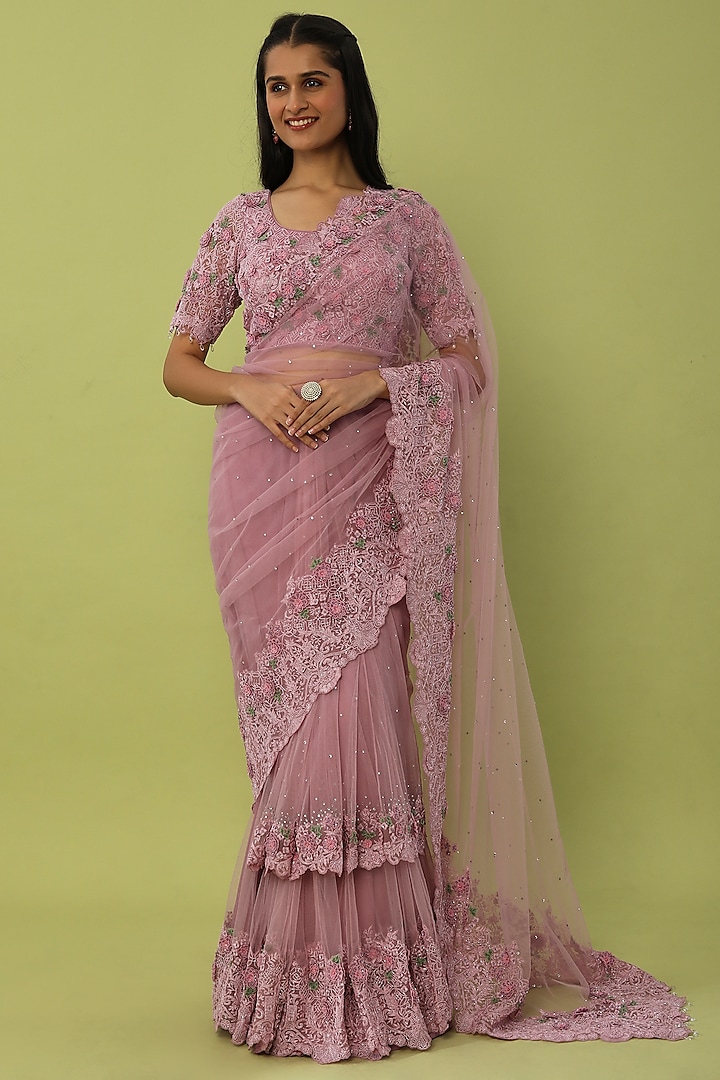 Lilac Tulle Hand Embroidered Layered Saree Set by Shantanu Goenka at Pernia's Pop Up Shop