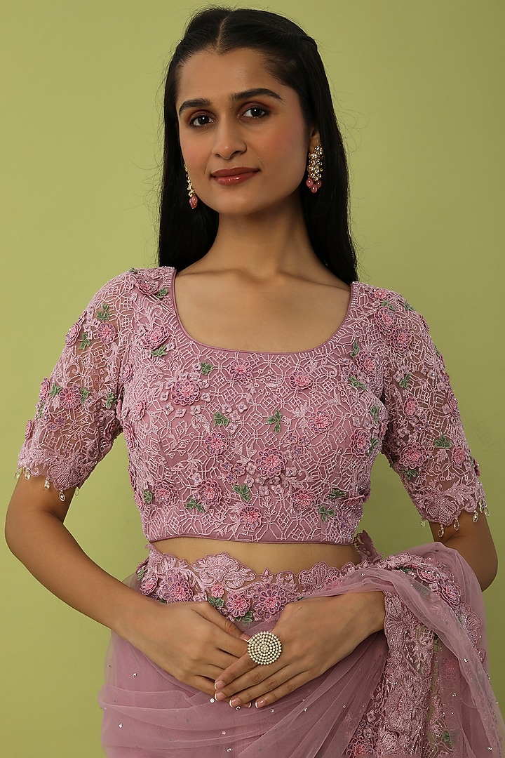 Lilac Tulle Hand Embroidered Layered Bridal Saree Set by Shantanu Goenka at Pernia's Pop Up Shop