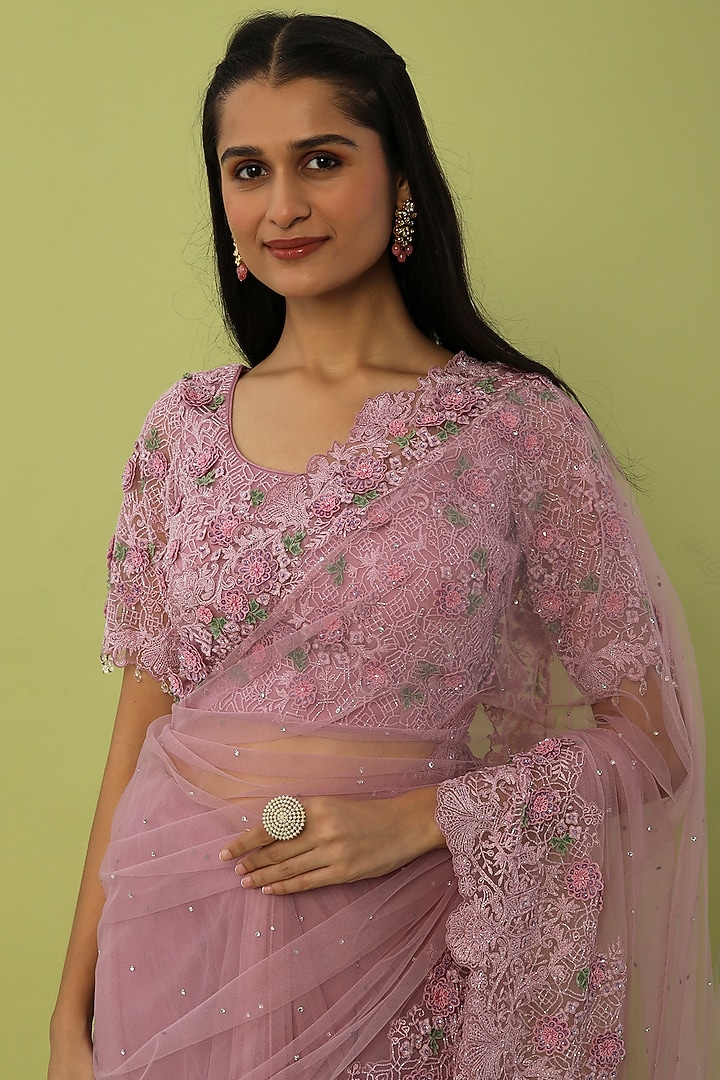 Lilac Tulle Hand Embroidered Layered Bridal Saree Set by Shantanu Goenka at Pernia's Pop Up Shop