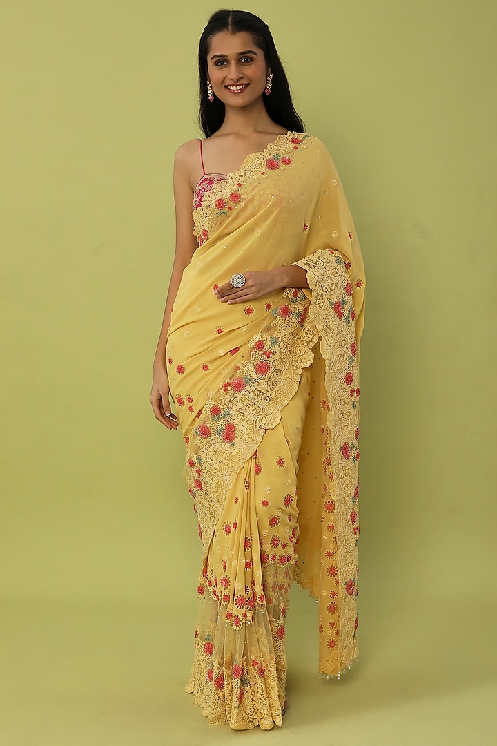Yellow Georgette Floral Hand Embroidered Saree Set by Shantanu Goenka