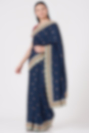 Dark Cerulean Blue Embroidered Handloom Saree Set by Shantanu Goenka