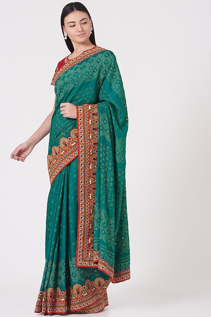 Deep Turquoise Silk Bandhani Embroidered Saree Set by Shantanu Goenka