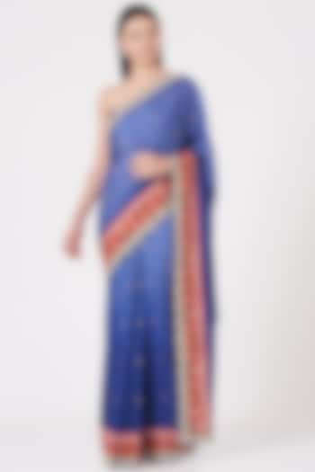 Shady Neon Blue Moonga Silk Embroidered Handloom Saree Set by Shantanu Goenka at Pernia's Pop Up Shop