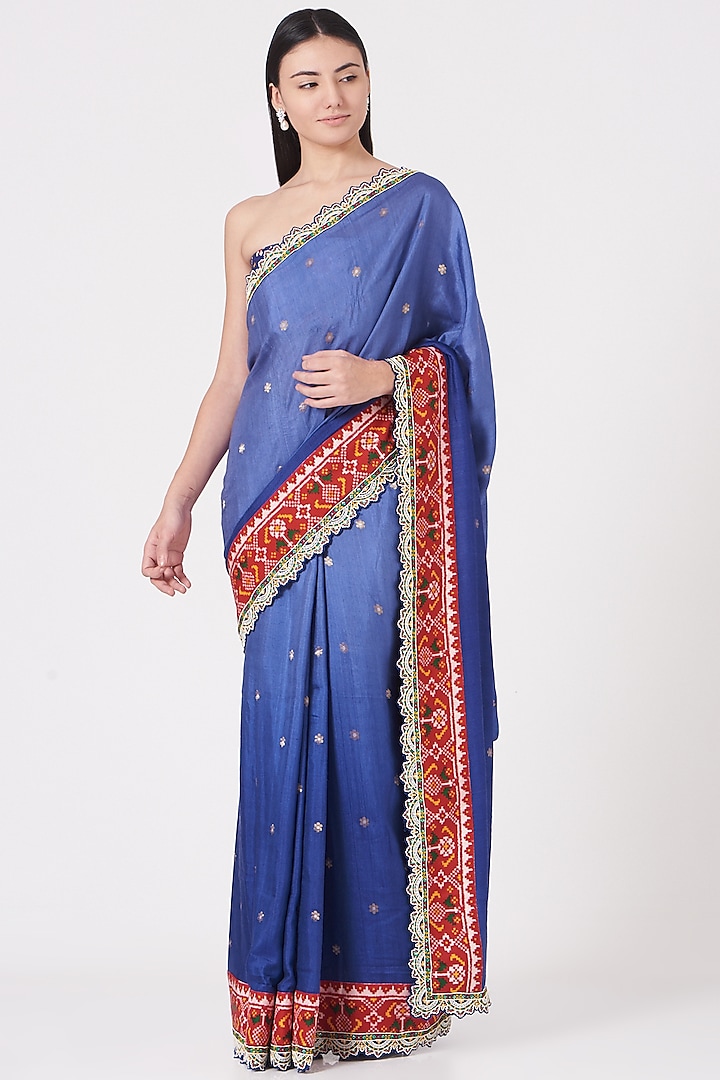 Shady Neon Blue Embroidered Handloom Saree Set by Shantanu Goenka