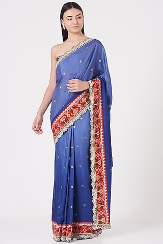 Shady Neon Blue Moonga Silk Embroidered Handloom Saree Set by Shantanu Goenka