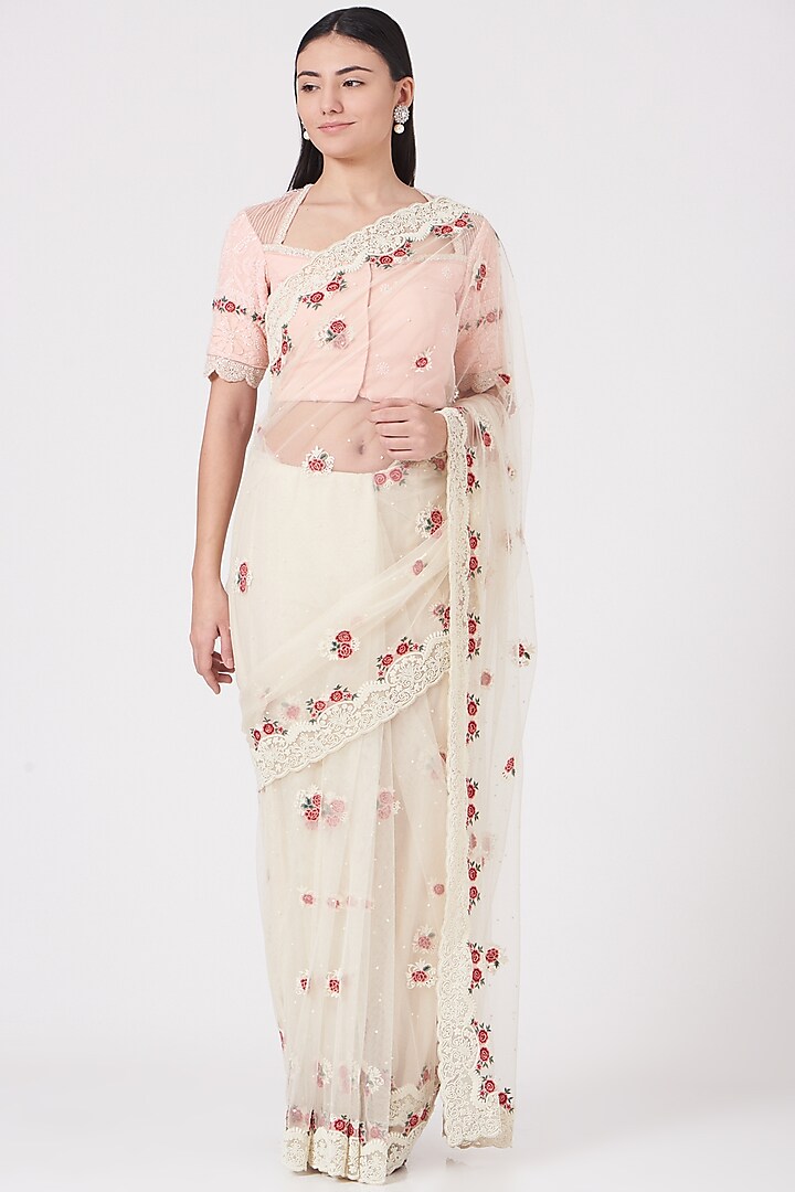 White Embroidered Saree Set by Shantanu Goenka